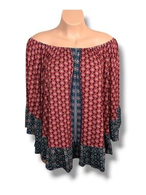 26 28 Avenue Red Boho Blouse Top Bohemian Hippie Off Shoulder Red Black Stretch